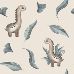 Cute little cartoon watercolor seamless pattern dinosaur - hand drawn illustration. Isolated on white. Nice character, leaves, texture. Sticker, textile, nursery design.