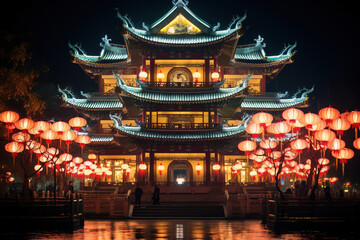 Traditional Chinese Buddhist Temple illuminated for the Mid-Autumn festival.