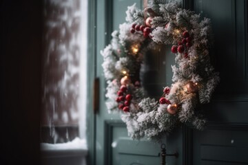 Christmas wreath hanging on a wooden door, with snowflakes falling in the background.