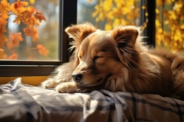 Autumn comfort a contented dog naps on the cozy windowsill