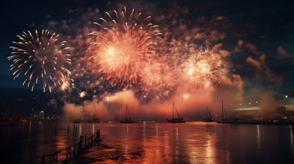 fireworks at night for New Year's Eve with reflection and with various colors in the sky