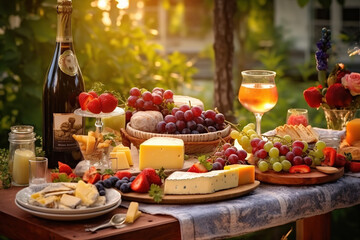 Table Dishware Decor Dinner Concept. In the lush garden decorated table for dinner. On the table meat, cheese, berries, fruit, wine. picnic for family