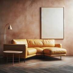 Yellow leather corner sofa against terracotta stucco wall, Loft style home interior design of modern living room