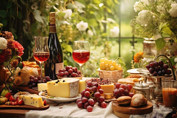 Table Dishware Decor Dinner Concept. In the lush garden decorated table for dinner. On the table...