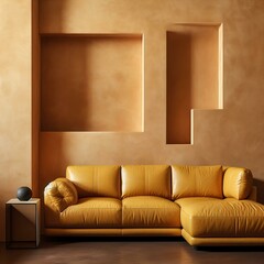 Yellow leather corner sofa against terracotta stucco wall, Loft style home interior design of modern living room