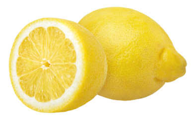 Lemon isolated on white or transparent background. Two lemon fruits whole and cut half