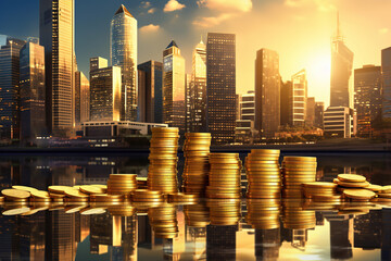 Stacks of gold coins, skyscrapers on background for finance and business concept