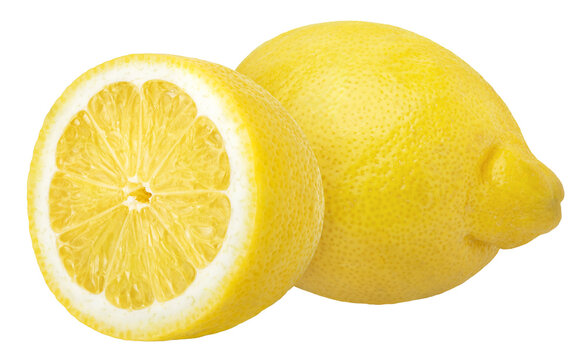 Lemon isolated on white or transparent background. Two lemon fruits whole and cut half