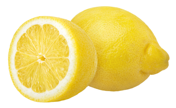 Lemon isolated on white or transparent background. Two lemon fruits whole and cut half