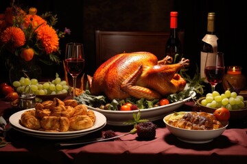 Roasted Thanksgiving turkey on festive wooden table on black background - obrazy, fototapety, plakaty