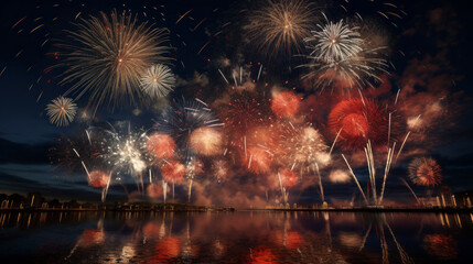 Obraz premium fireworks at night for New Year's Eve with reflection and with various colors in the sky