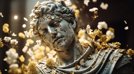ancient roman antique statue of a handsome man, covered with flowers and gold, romantic, bokeh