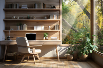 Contemporary Workspace. Office area with a minimalist desk, ergonomic chair, and ample natural light, promoting focus and productivity in a clutter-free environment