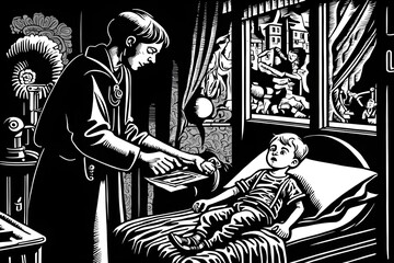 A doctor administering an IV to a child in a hospital room a blackandwhite woodcut made by the child intricate detail sequence 