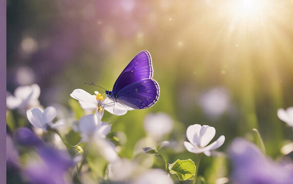 Purple butterfly on wild white violet flowers in grass in rays of sunlight, macro. Spring summer landscape