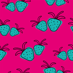 Bright summer pattern with berries on an acid pink background in doodle style