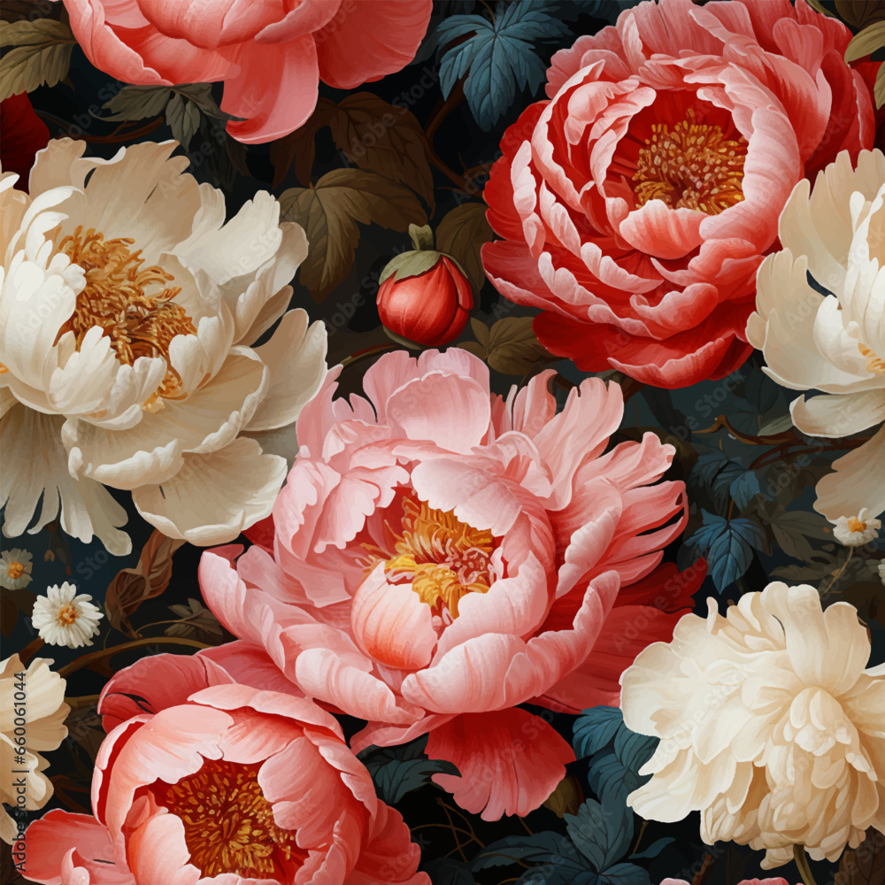 Wall mural Seamless vintage watercolor style vector background with colorful peonies. - Wall murals