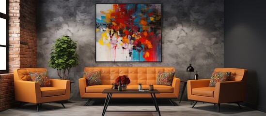 A room with two couches a coffee table and a wall mounted painting