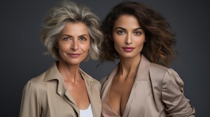 Two beautiful woman different age wearing white shirt. Closeness and trust in family relation. Support and help from parent