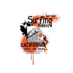 Surfing Riders California Typography gunge summer beach wave poster vector tee graphic