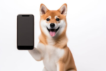 Shiba Inu holding phone on white background - obrazy, fototapety, plakaty