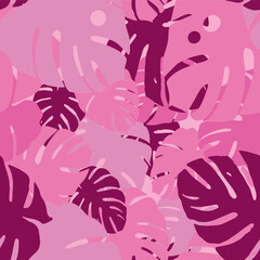 Pink vector pattern with tropical leaves	
