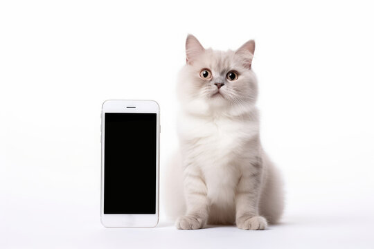 Adorable cat holding a phone while looking at the camera