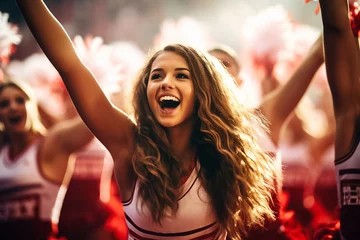 Papier Peint photo Lavable École de danse The portrait of a beautiful cheerleader, in a white and red uniform, with her teammates cheering a sport player at a stadium, Generative AI.