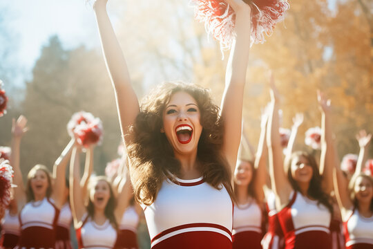 The portrait of a beautiful cheerleader, in a white and red uniform, with her teammates cheering a sport player at a stadium, Generative AI.