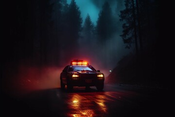 Fototapeta na wymiar Emergency police car races through the fog, pursuing a vehicle