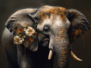 Elephant with gold and flowers artwork generatieve ai