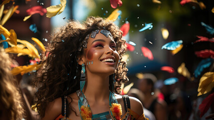 Obraz na płótnie Canvas Colorful carnival procession with joyful spectators. A festive explosion of costumes, music, and confetti in a carnival. 