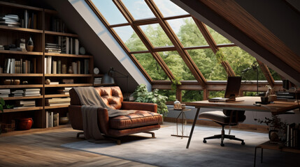 Attic with a built-in desk and a skylight and a leather armchair - obrazy, fototapety, plakaty