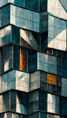 Exterior walls of scifi building stacked in mathematical geometry Transparent glass window camera distance 1000mfocal length 200mmf80compression effect highly detailed 