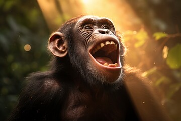 Chimpanzee, chimp monkey laughs happily in natural tropical forest in beautiful sunshine, Portrait of the Chimp on a blurred rain forest background.