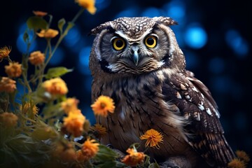 boreal owl in autumn leaves, beautiful owl portrait in moonlight at night.