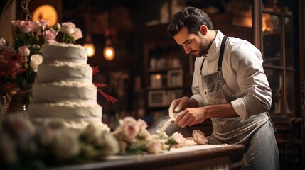 Artisan baker decorating a gorgeous layered wedding cake, delicious cake with fresh cream and frosting preparation on stand, professional pastry master working on details of the cake, with copy space.