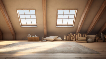 Attic with a window seat and a plush rug and a skylight