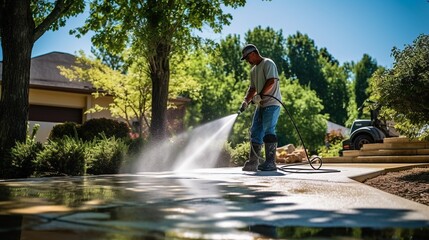 Man using electric powered pressure washer to power wash residential concrete driveway in beautiful and peaceful suburban residential area in morning sunshine. - obrazy, fototapety, plakaty