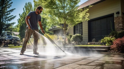 Man using electric powered pressure washer to power wash residential concrete driveway in beautiful and peaceful suburban residential area in morning sunshine. - obrazy, fototapety, plakaty