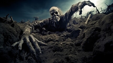 Scary undead zombie reach out with hand in an abandon graveyard under moonlight, Halloween poster idea.