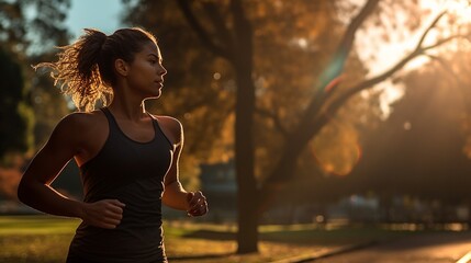 Healthy woman jogging in morning sunrise light park. Fit runner woman workout before fitness and jogging session on the road nature park. Healthy and Lifestyle Concept 