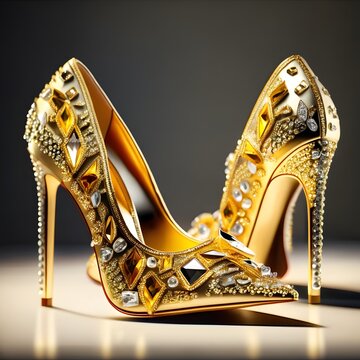 Glamorous gold high heels exude elegance and luxury indoors.