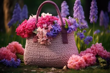 straw bag with flowers of hyacinth and carnation blossom