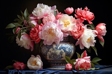beautiful peony flowers in vintage vase