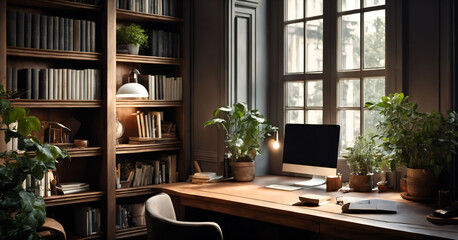 Beautiful modern Office room table with chair, plants, home office concept  