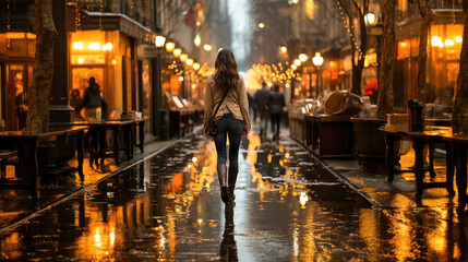 Immerse in city life as a stylish woman strolls at dusk. Vibrant urban ambiance and trendy fashion.

