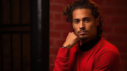 Obraz premium Model showcasing a brooding, deep-in-thought expression against a brick red backdrop. Capture the intensity of his mood