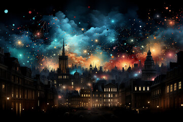 Add a touch of urban charm and celebration to your projects with this stunning illustration of fireworks over a city skyline. Perfect for conveying the spirit of a vibrant event or holiday.