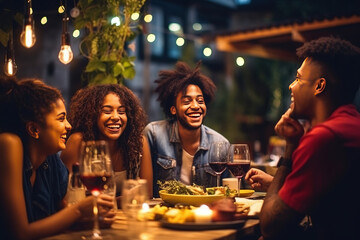 Naklejka premium Group of young people having fun drinking red wine on bbq dinner party. Happy multiracial friends eating food at restaurant. Food and drink life style concept